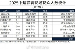 2025中超联赛现场观众人数统计（第17轮）